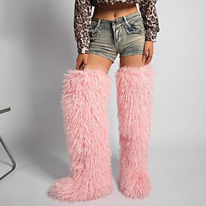 SWEETHEART BEAUTY Thigh High Shagy Teddy Fur Boots, 29 Inch Over the Knee Length Fluffy High Boots, Tall Furry Shoes For Women