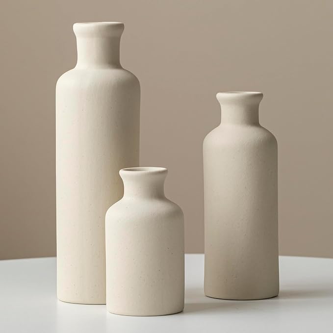 Modern Ceramic Vase Set of 3, Beige Colors, Decorative Bottles for Home, Farmhouse Rustic Decor, Housewarming Gifts, Wedding Gifts, Bridal Shower Gifts, Birthday Gifts for Women (Beige)