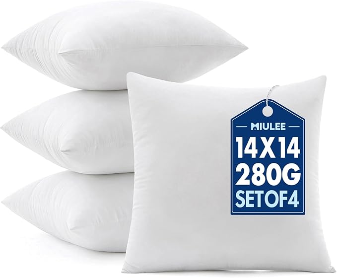 MIULEE 14x14 Pillow Inserts 4 Pack, 100% Virgin Fiber Filling Throw Pillows | Decorative Pillows for Sofa Bed Couch, Firm and Full Pillows, Excellent Support, Soft Brushed Fabric