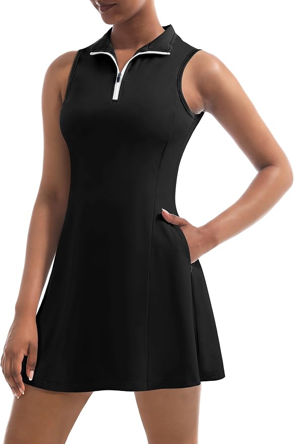 Womens Tennis Dress, Golf Dress with Shorts & Pockets Athletic Dress | Sleeveless Collared Half-Zipper Workout Sport Dress, Stretch Moisture Wicking Fabric, Tennis Golf Outfits