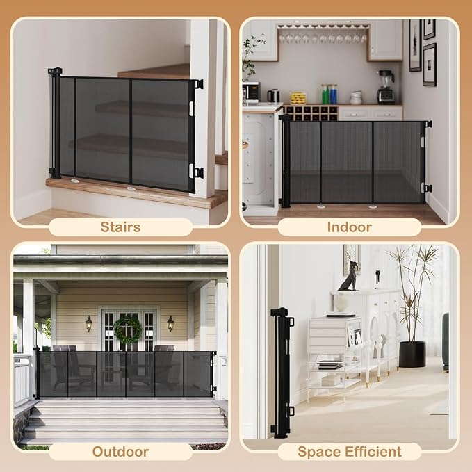 SMONTER Extra Wide Retractable Dog Gates, Mesh Baby Gate with Support Rods Extend to 118" Wide 33" Tall, Portable Safety Retractable Gate for Stairs, Indoor/Outdoor, Black