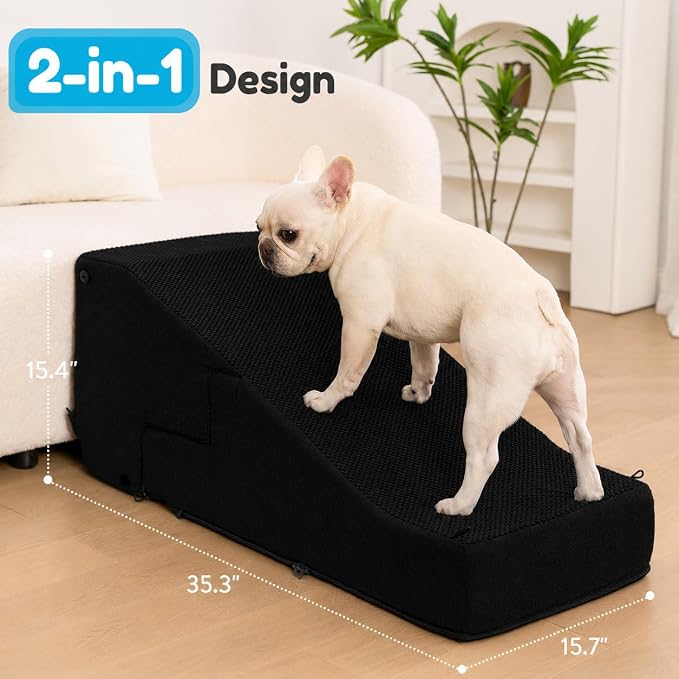 3-Step Dog Stair and Ramp for Small Dogs and Cats, Pet Steps for Sofa and Couch with Non-Slip Bottom, Black