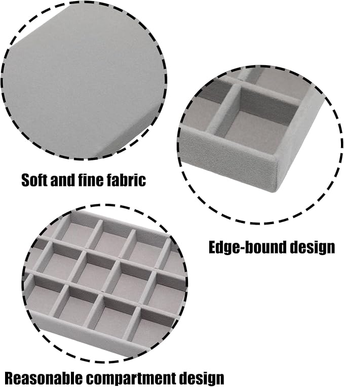 Velvet Jewelry Organizer Trays Gray, 18 Grids | Stackable Jewelry Storage Display Tray with Removable Dividers for Drawer Dresser Cloest