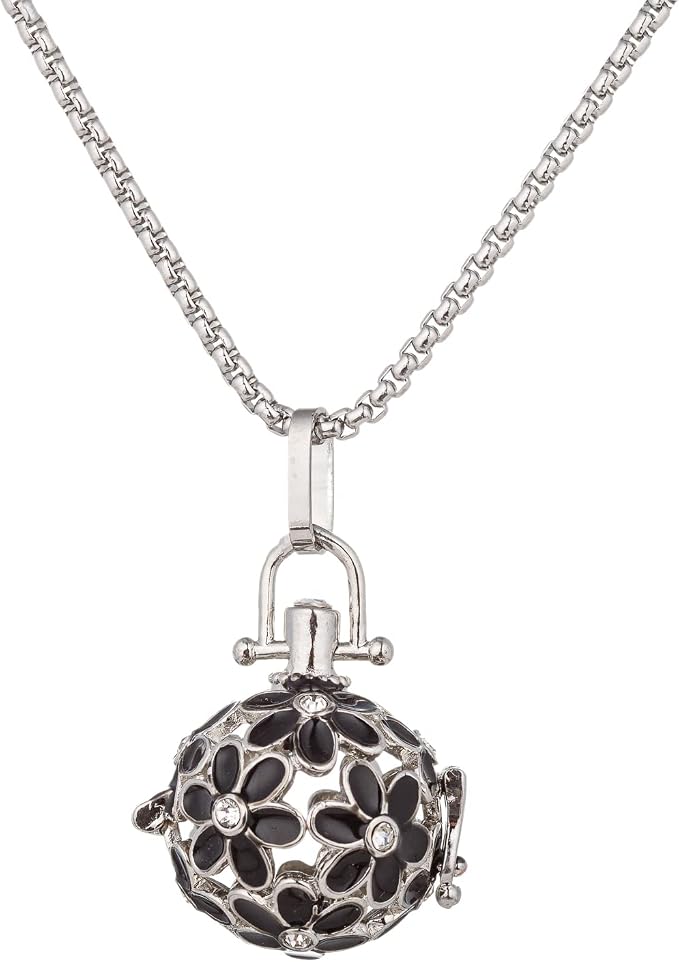 Essential Oil Diffuser Necklace Black Chrysanthemum Rhinestones Copper Aromatherapy Pendant Locket with 7pcs Lave Rocks Stone and 2pcs 27 Inch Gold Chain Jewelry for Women TeenGirls