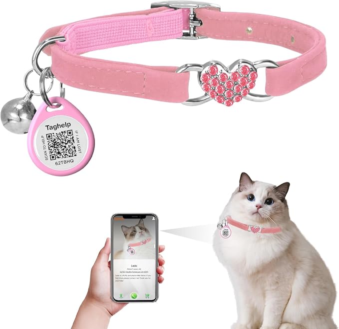 Heart Bling Cat Collar with Safety Belt and Bell Adjustable 8-13 inches for Kitten,Personalized Cat Collar with QR Code Smart ID tag, Pet Name and Phone Number on line,NO app(Pink)