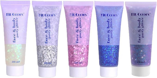 Body Glitter Face Glitter Gel: Singer Concerts Disco Festival Rave Accessories Face Glitter Makeup 150ml Chunky Sequins Mermaid Face Body Hair Glitter Gel (White+Silver+Pink+Blue+Purple)