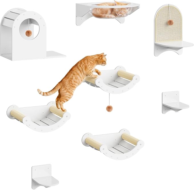 HOOBRO Wood Cat Wall Shelves for Large Cats, Wall-Mounted Cat Shelves and Perches, Cat wall Furniture Set with Cat House, Transparent Capsule Hammock, for Sleeping, Playing & Climbing, White WT48CS03