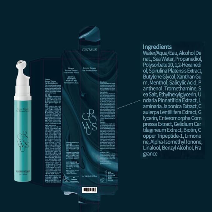GROWUS Recover Therapy Booster Serum 15ml(0.507 Fl oz), Scalp Serum for receding hairline, Supports Fuller Hair, Packed with Biotin, Sea Water, Free from Paraben, Sulfate