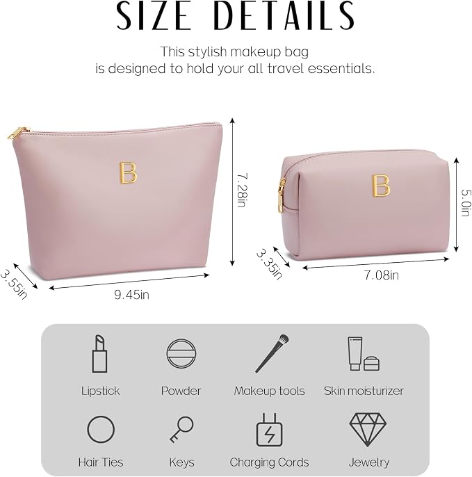 Women Gifts | Initial Makeup Bag for Girl Personalized Gifts for Bridesmaid Friend PU Leather Cosmetic Travel Toiletry Bag(Pink,B)