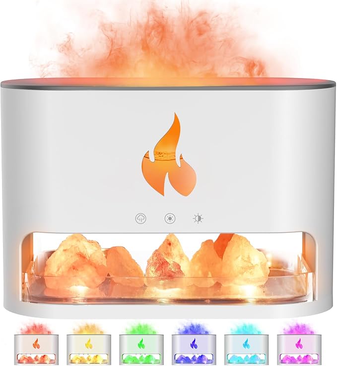 YALEDI Essential Oil Diffuser, Fireplace Fire Flame Aromatherapy Diffuser, 250ml Himalayan Salt Lamp Scent Diffuser, Cool Mist Humidifier with 7 Colors Light, Timer & Auto-Off for Home, Room (White)