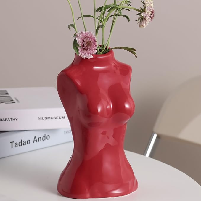 hjn Small Ceramic Vase for Flowers Modern Art Vase for Living Room/Home Decor Accents/Bookshelf/Mantel-Red