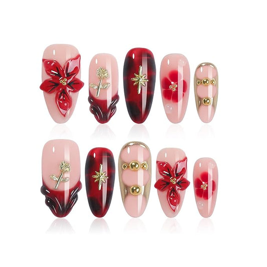 Luxury Red 3D Flower Press on Nails with Gold Roses - Almond False Nails Handmade Design for Women Wedding Party Evening Events