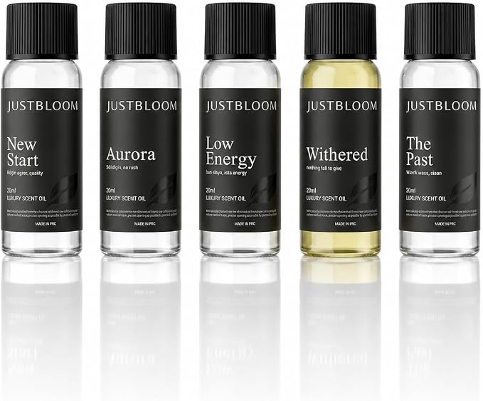 JustBloom Hotel Diffuser Oil Set, 5 Scents, 5 x 20 mL | Five hotel-inspired fragrance oil blends for waterless and cold-air diffusers, designed for home, office and all-season use.