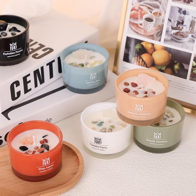 Scented Candles for Home Décor - KAV Dancing Rain Premium Scented Candle for Women Men, Embedded Stone and Soy Wax in 3 oz Glass Jar, Natural Aromatherapy (Tastefully Delicious)