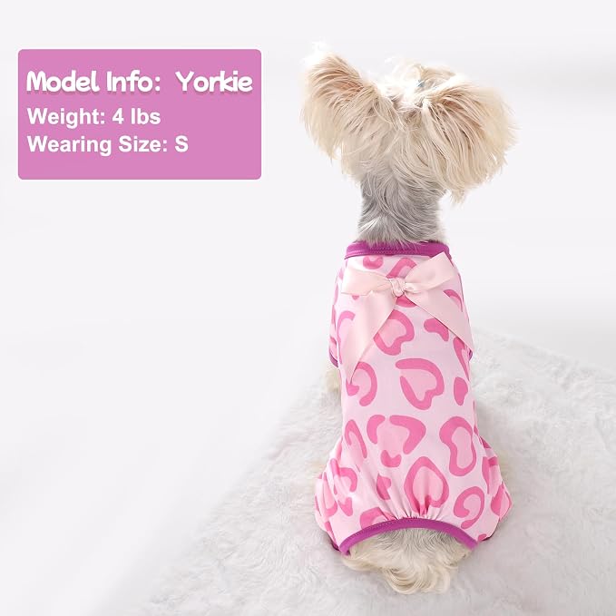 DaFuEn Dog Pajamas for Small Dogs - Soft Stretchy 4-Legged Puppy Onesie & Jumpsuit - Breathable Dog PJs Sleepwear Clothes for Yorkie, Chihuahua, Toy Poodle, Boy & Girl (Pink Heart,S)