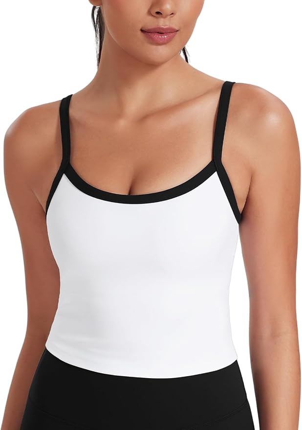 HeyNuts Vintage Color-Block Strappy Crop Tank Top for Womens, Cute Contrasting Trim Yoga Longline Sports Bras Padded A-D Cups