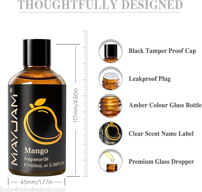 MAYJAM Mango Fragrance Oil Essential Oils for Diffusers for Home, 3.38FL.OZ | Long Lasting Scented Oils for Soap Making, Mango Essential Oil for Candle Making