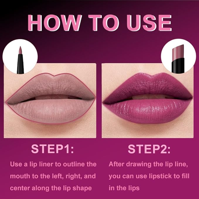 6Pcs 2 in 1 Dark Light Purple Lip Liner and Lipstick Combo Set for Women,Lipstick Stain Lip Liner for Daily & Party Long Lasting Waterproof Smudge Proof 24 Hour Full Coverage Vegan Lip Makeup Kit