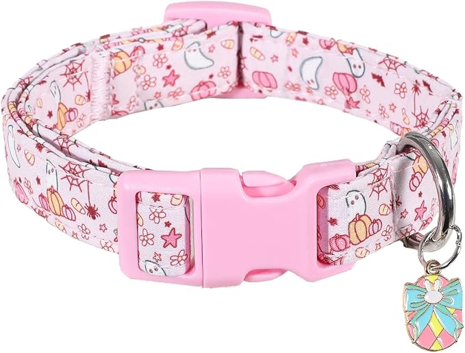 Cute Dog Collar, Pink Dog Collar with Pink Ghost Pattern and Soft Fabric, Girly Collar with Charm and Buckle, Adjustable for Girls Boys Dogs