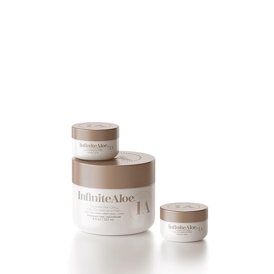 InfiniteAloe Complete Skin Care, Aloe Vera Powered Face and Body Cream for Dry Skin Relief, Fragrance Free - Large Jar 8 oz & 2 Travel Jar 0.5 oz