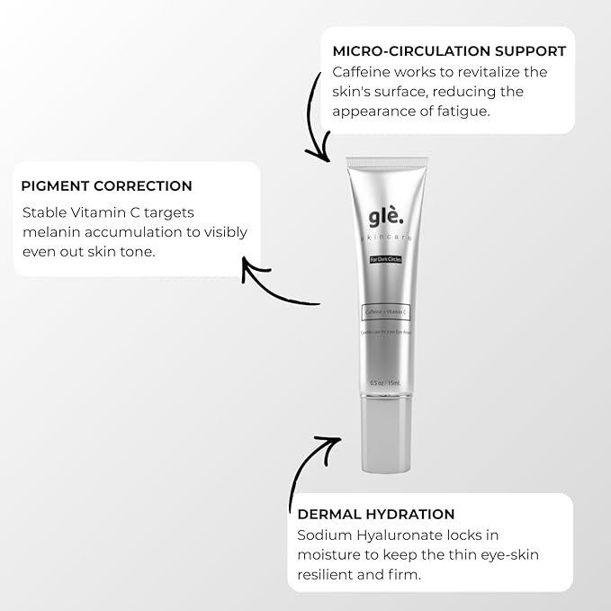 Gle Vitamin C Eye Serum for Dark Circles, Eye Wrinkles and Redness | Dark Circle Under Eye Puffy Eyes Treatment | Caffeine, Vitamin C Hyaluronic Acid | Hydrating & Brightening Scent-Free Travel Size