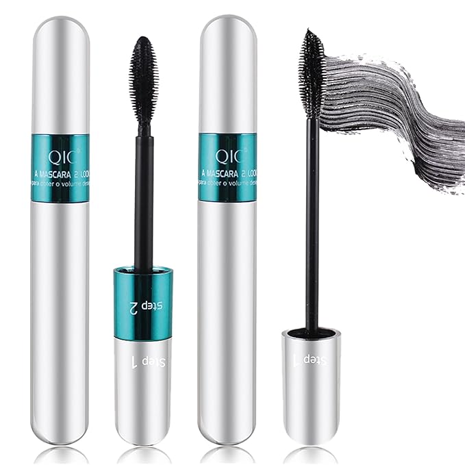 2 Pack 2 in 1 QIC 5x Longer Washable Black Mascara, 4D Silk Fiber Lash 2 Step, No Clumping, Long-lasting Waterproof Lash Cosmetics Beauty Eye Makeup