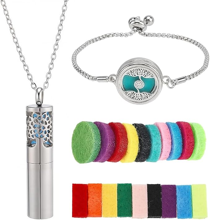 SUNNYCLUE 1Pc Essential Oil Diffuser Necklace 1Pc Tree of Life Essential Oil Bracelet with Total 20Pcs Refill Pads Tree of Life Stainless Steel Chains Ajustable Aromatherapy Jewelry for Women Gifts