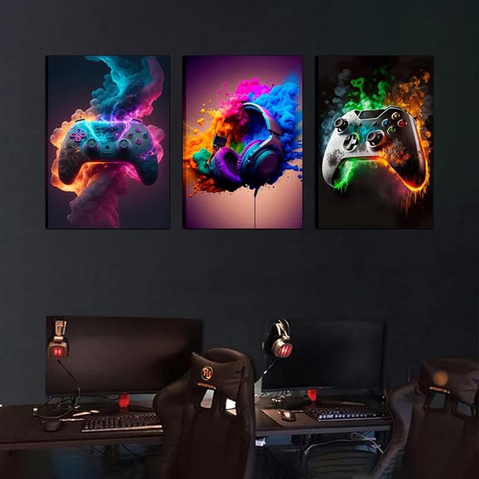 BGFCE Gaming Room Decor Canvas Wall Art Set of 3 - Cool Video Gaming Theme Wall Decor, Gamer Paintings Picture Print for Teen Boys Room 12x16 inch Framed