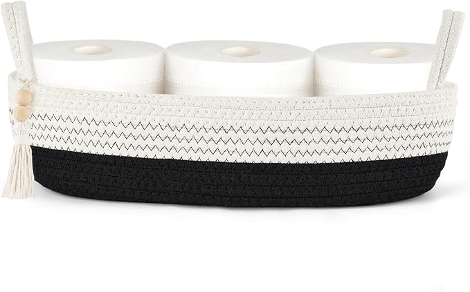Mkono Toilet Paper Basket, Boho Bathroom Decor, Small Storage Organizer | Black and White, 15.7"L x 6"W, Back of Toilet Basket, Decorative Woven Tray with Handles, Space-Saving, Living Room Bedroom
