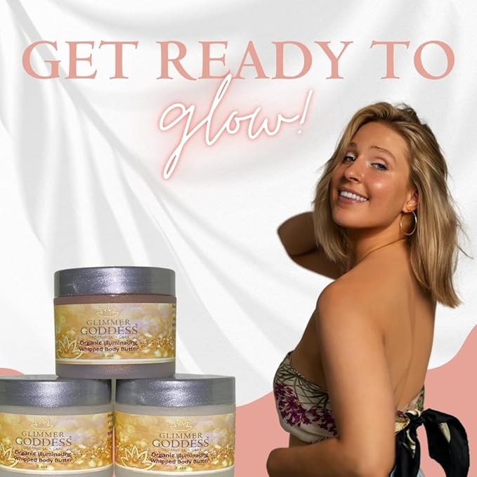 GLIMMER GODDESS Shimmer Body Butter with Organic Whipped Shea Butter for Hydration, Moisturizing & Silky Natural Glow - Bronze, Diamond & Gold in Sexy, 2oz, Pack of 3