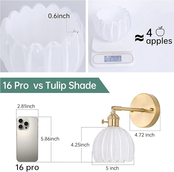 Shenmoyl Vintage Wall Sconces with White Tulip Glass Lampshade 180 Degree Adjustable Brass Sconces Hradwired Modern Wall Lighting Fixture with Switch for Bedside Bedroom Doorway