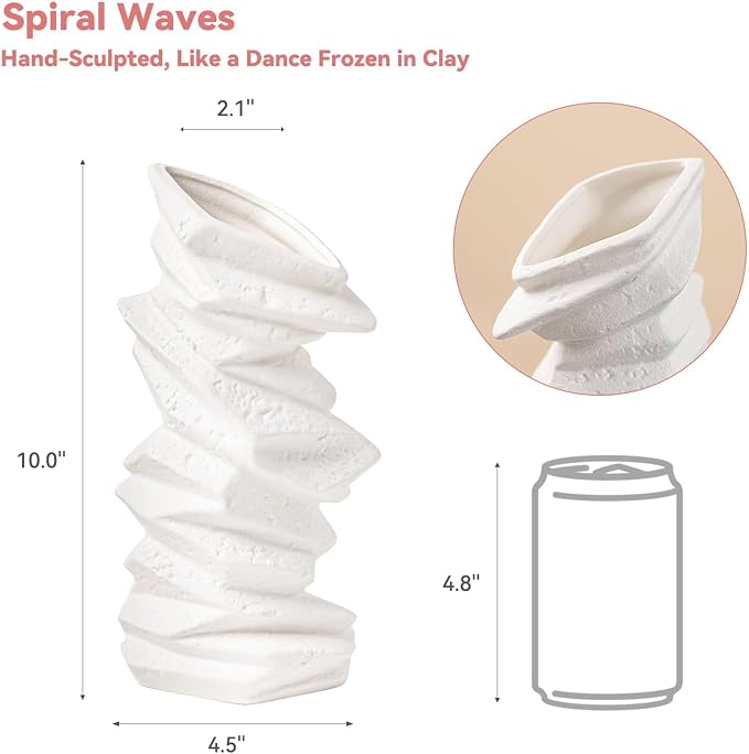 Stone-Stack White Ceramic Vase - 10" Unique Flower Vase for Pampas Grass, Farmhouse Decorative Vase for Living Room/Office, Boho Vase Ideal for Home Gifts & Centerpieces