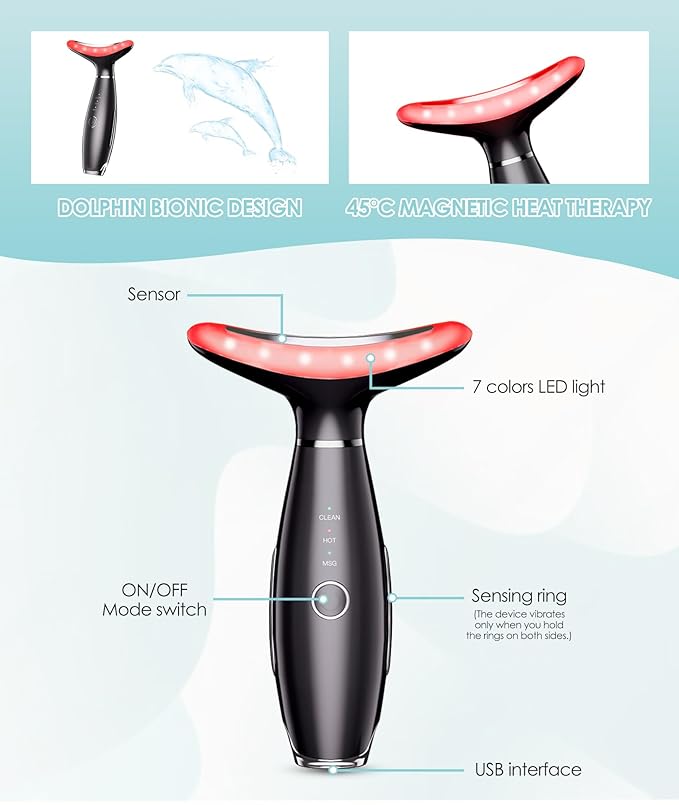 ELISHINE 7 Color Neck Face Massager - Facial Massager Tool for Skin Care at Home, Vibrating Face Massager with Thermals, Galvanic Machines Black