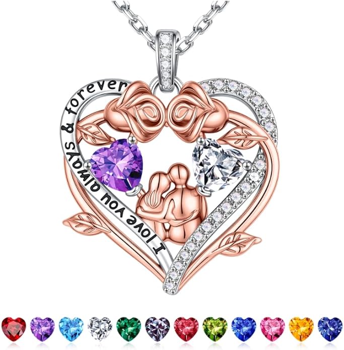 Iefil Valentines Gifts for Her Wife - 925 Sterling Silver Double Heart Birthstone Necklace, Anniversary Birthday Gifts for Women Wife Girlfriend