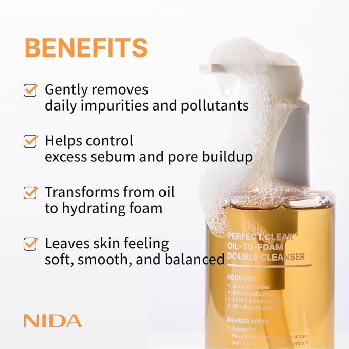 NIDA Perfect Clear™ Oil-To-Foam Double Cleanser | Jojoba Oil, Tea Tree Oil, Rice Extract | Good for Daily Impurities, Excess Sebum, Pore Cleaning, Blackheads, Dirt and Pollutants | 4.90 fl. oz., 145ml