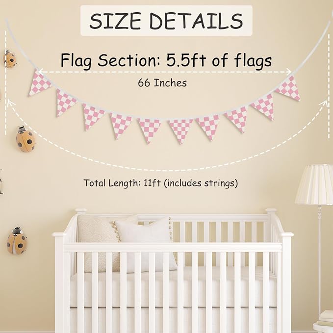 Girls Room Decor Pink and White Checkered Fabric Garland Triangle Banners,Toddler Girl Playroom Nursery Bedroom Wall Decor, Race Car Party Supplies for Baby Shower Birthday,11Ft Bunting Flags