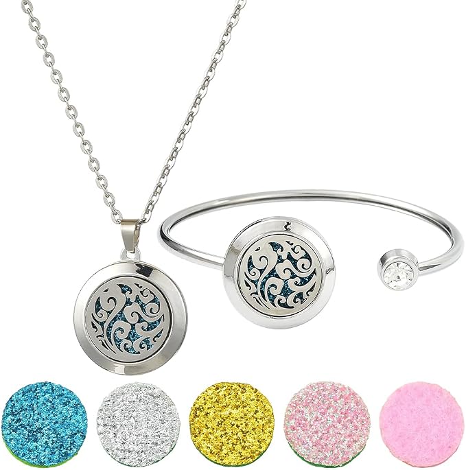 SUNNYCLUE 1Pc Essential Oil Necklace 1Pc Essential Oil Diffuser Bracelet with 10Pcs Refill Pads Cloud Stainless Steel Cuff Bangle Diffuser Locket Necklaces Aromatherapy Jewelry for Women Gifts