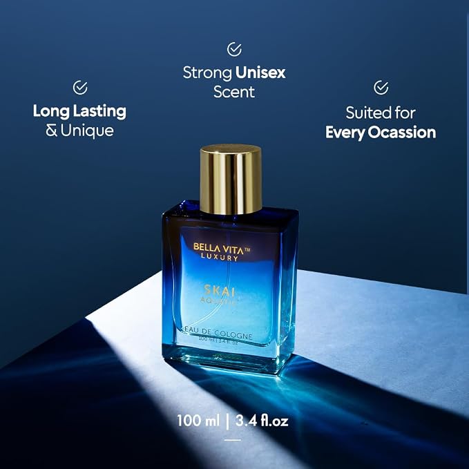 Bellavita Luxury SKAI Eau de Cologne | 100 ml (3.4 fl.oz.) | Perfume for Men and Women | Citrus, Bergamot, Clary Sage, and Patchouli Notes | Long Lasting Unisex Fragrance