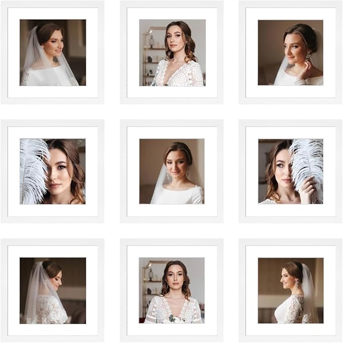 10x10 Picture Frame Set of 9, Display Pictures 8x8 with Mat or 10x10 without Mat, Multi Collage Gallery Square Photo Frames for Wall or Tabletop, White