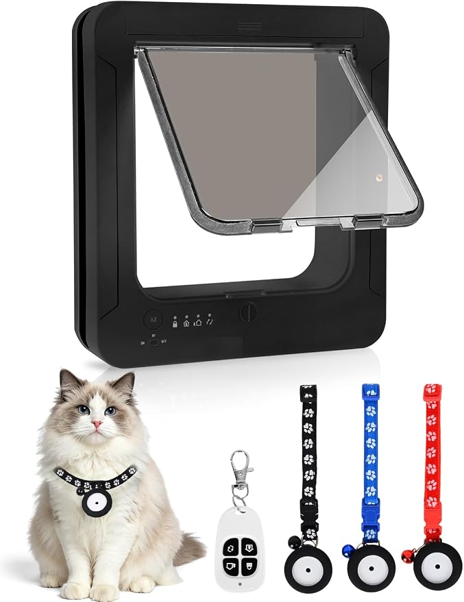 Smart Cat Door with 3 Collar Sensor Key, RFID Cat Door Collar Activated with Remote Control, 4 Way Locking Cat Flap Automatic Pet Door Interior & Exterior, Flap Opening is 7.67’’ (H) by 7'' (W)