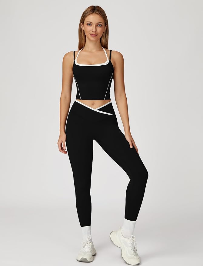 ABOCIW Workout Sets for Women 2 Piece Color Block Strappy Sports Bra High Waist Shorts Gym Yoga Pilates Outfits