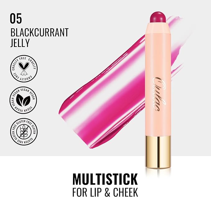 Oulac Magenta Lipstick - Lipstain and Blush Duo, Tinted Lip Balm, Moisturising and Nourishing, Glossy Finish, Vegan, Blackcurrant Jelly(05)