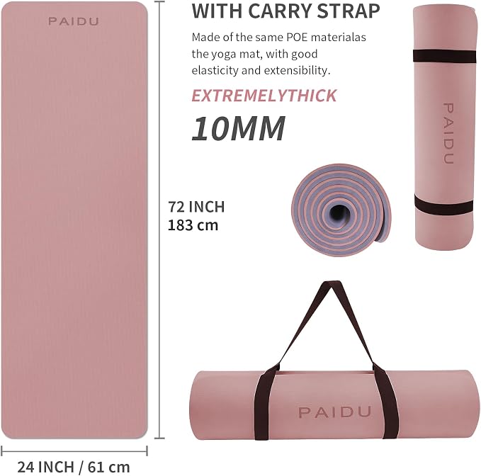 PAIDU Yoga Mat Non Slip Anti-tear,extra thick-2/5 inch（10MM）High Resiliency Professional POE Yoga Mats for Women Men Kids,72"x24"inch,Workout, Yoga, Pilates and Floor Exercise, with Carrier Strap