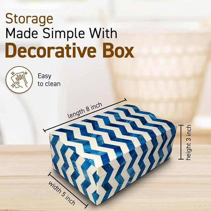 Perilla Home ﻿Home Decor Decorative Storage Wooden Box Small Wooden Organizer Tool Stash Card Craft Trinket Memory Keepsake Jewelry Box for Men and Women, Chevron, Gifts For All, Blue and Off White