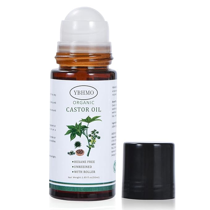 Organic Castor Oil Roll-On Glass Bottle - Cold-Pressed Hexane-Free, Certified Pure Castor Oil for Skin Care and Hair Care - 1.69 fl.oz