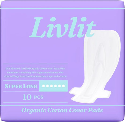 Livlit Super Long Overnight Pads - 100% Organic Cotton from Texas, Heavy Absorbency, Powerful Leak Protection, Unscented, Extra Long Length (10 Count)