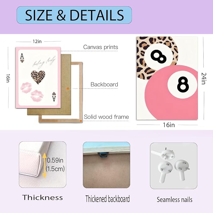 Cheetah Trendy Wall Art Set of 3 Preppy Leopard Canvas Print for College Apartment Room Wall Decor 8 Ball Poster Y2k Pink Coquette Print Lucky Aesthetic Pictures for Bedroom Dorm 12x16 In Framed