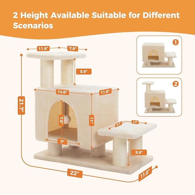 3-in-1 Cat Stairs with Scratching Post & Condo, Pet Steps, Beige | Pet Steps for High Beds, Sofa, Couch, Tall Cat Tower, High-Strength Boards for Indoor Small Cats Kittens Dogs Climbing Play