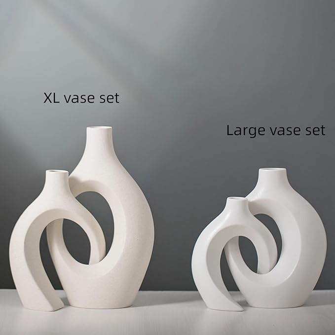 XL Beige Ceramic Vase Set of 2 for Modern Home Decor, Eclectic Entryway Modern Boho Hollow Flower Vases for Living Room Bookshelf Dining Coffee Table Centerpiece (W 6.8" X H 11")