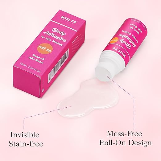 Body Adhesive Roll-On for Skin & Clothing 2.54 Oz-Sweat Resistant, Water Wash Off- Fashion Adhesive for Dancers, Socks, Stockings, Leotards, Bras, Wigs, Costumes